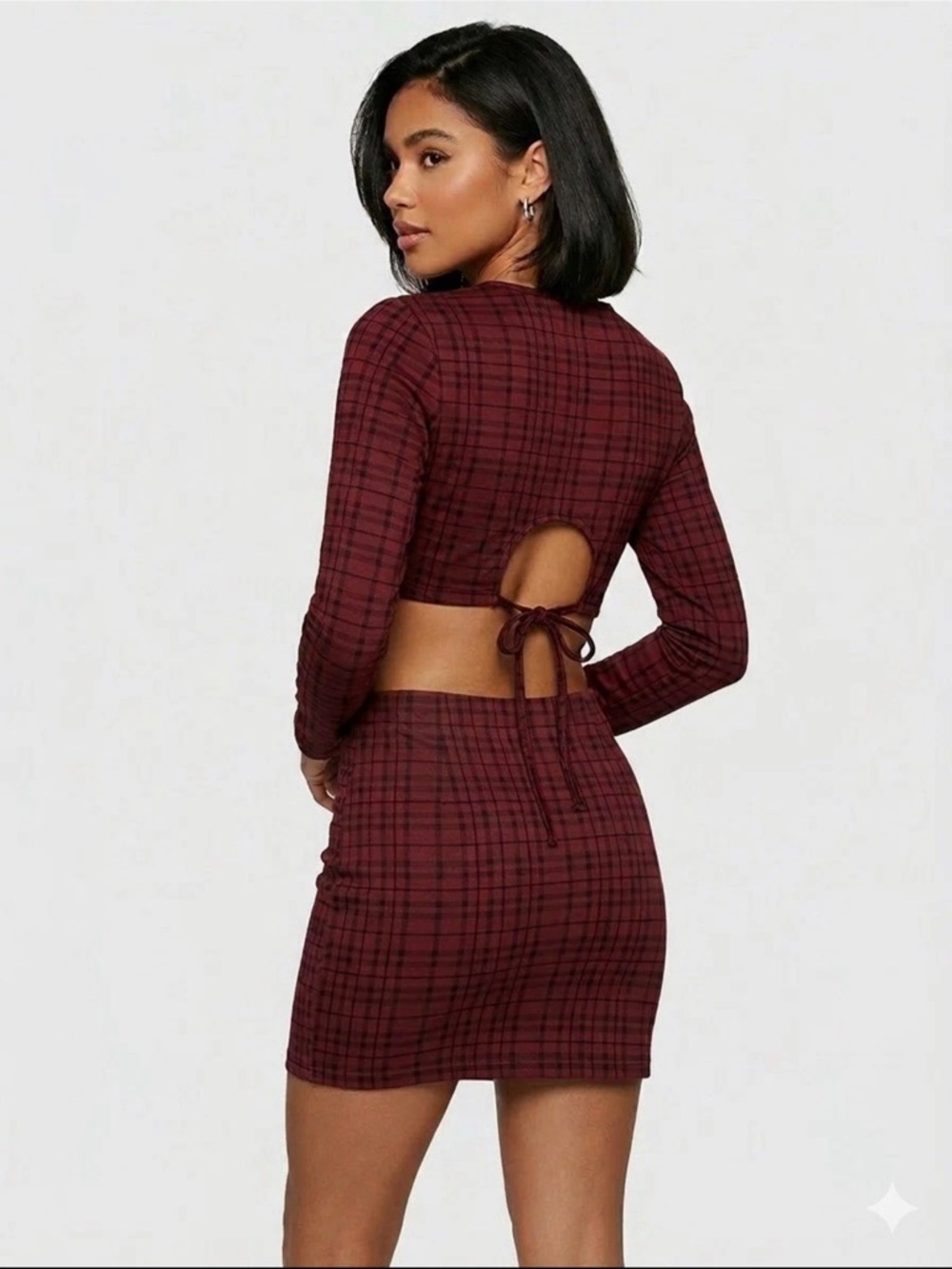 Plaid Burgundy Cutout Tie-Back Mini Dress